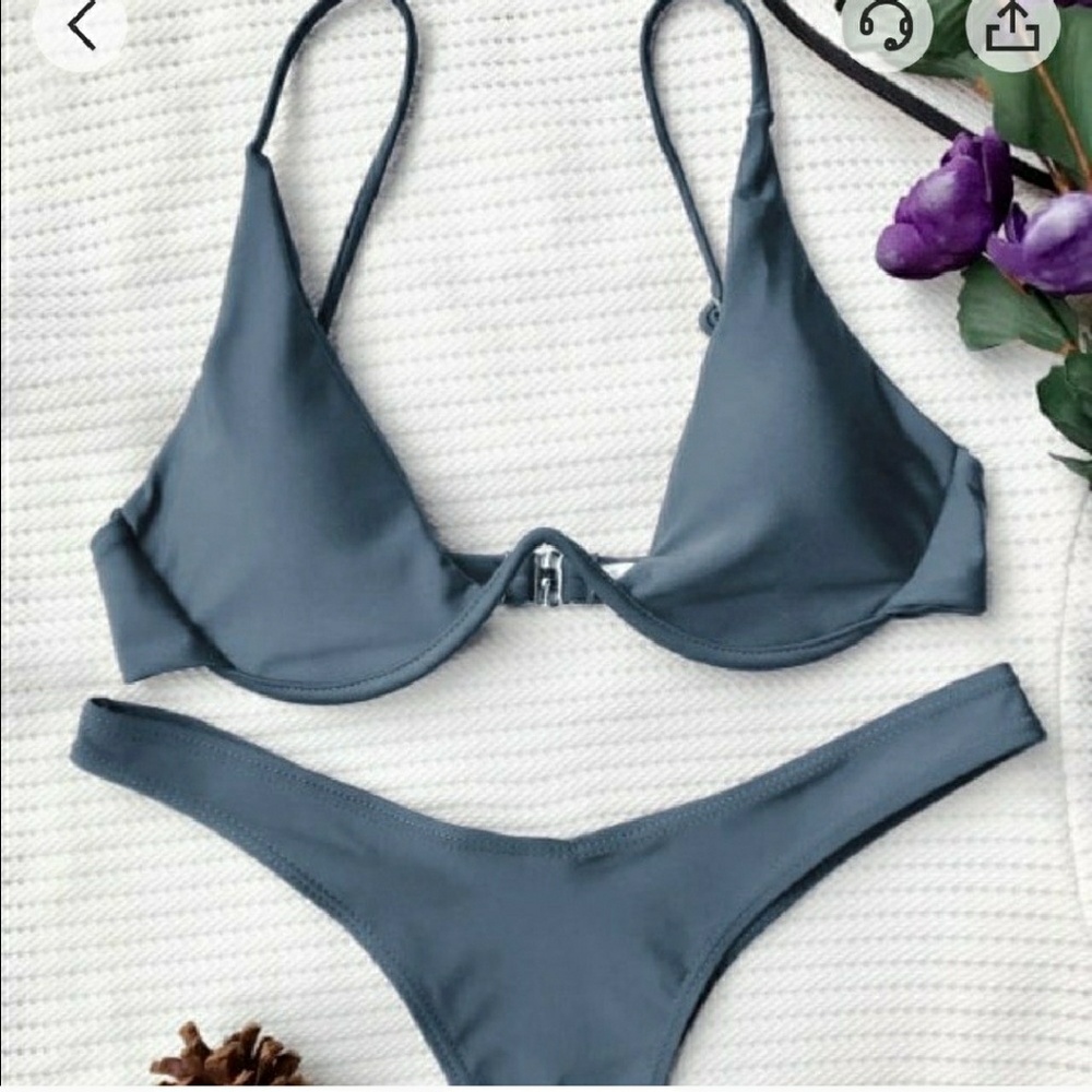 Grey Push Up Plunging Bathing Suit